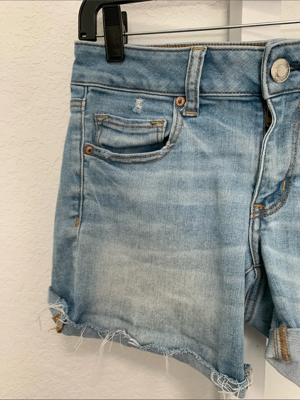 American Eagle Super Super Stretch Light Blue Denim Midi Shorts